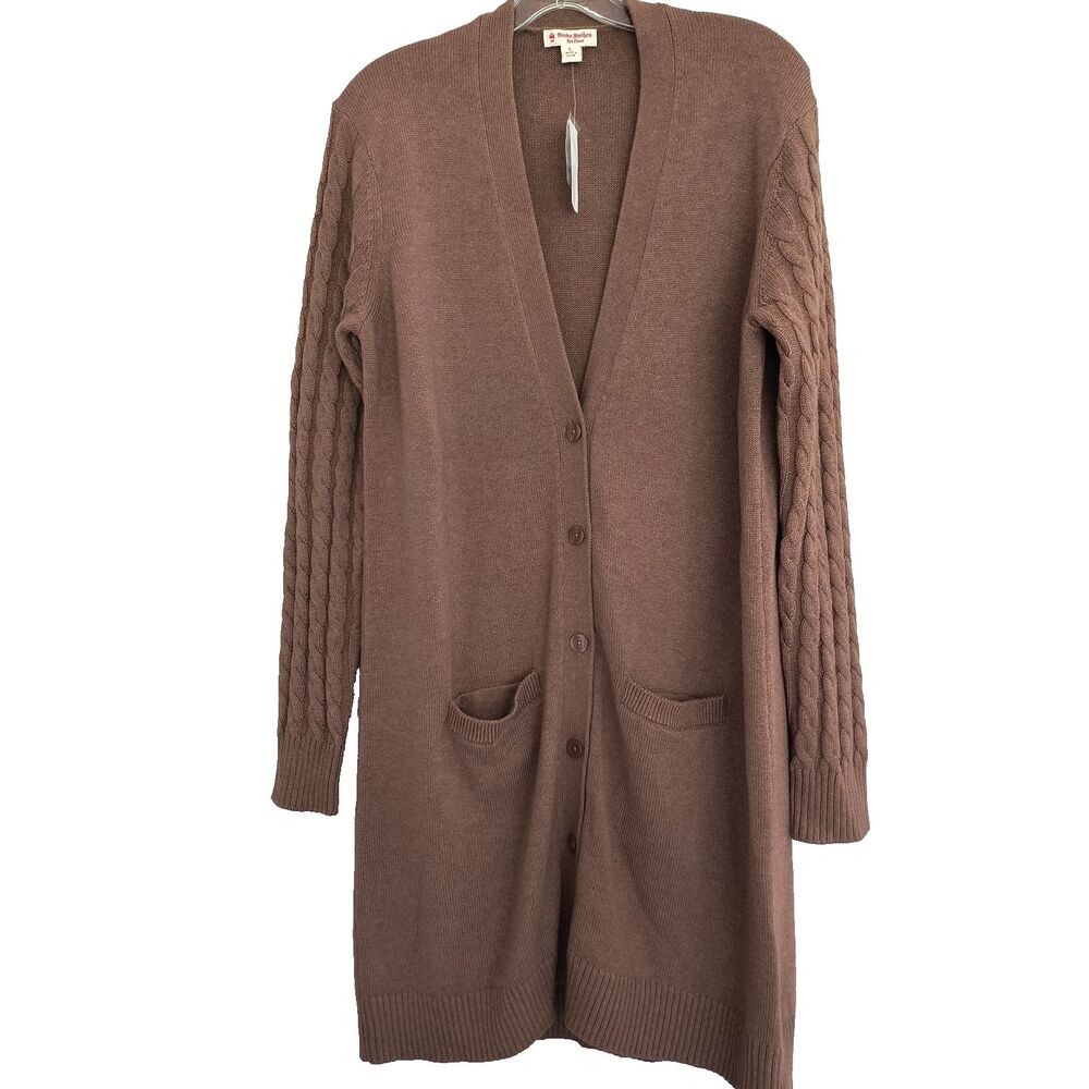 Brooks Brothers NEW Cardigan Womens L Brown Merino Wool Cotton Long Cable Knit